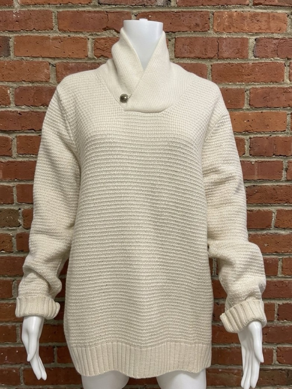 Old Navy Shawl Collar Knit Cream Ivory Waffle Wool Blend Pullover Sweater Size L